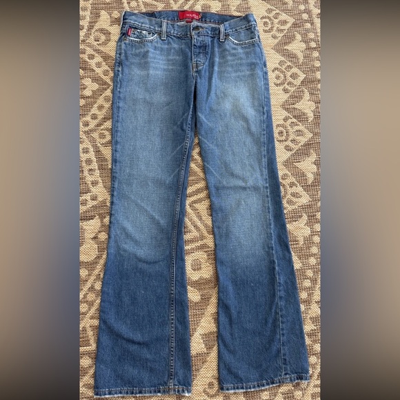 Hollister Flare VTG Sz 7 Low Rise Stretch Med Wash Denim Logo Raw Details - Picture 1 of 16